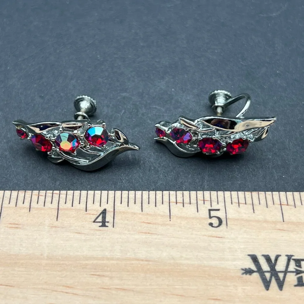Vintage Star Screw Back Earrings‎ Purple Pink AB Rhinestone Flower Silver Tone